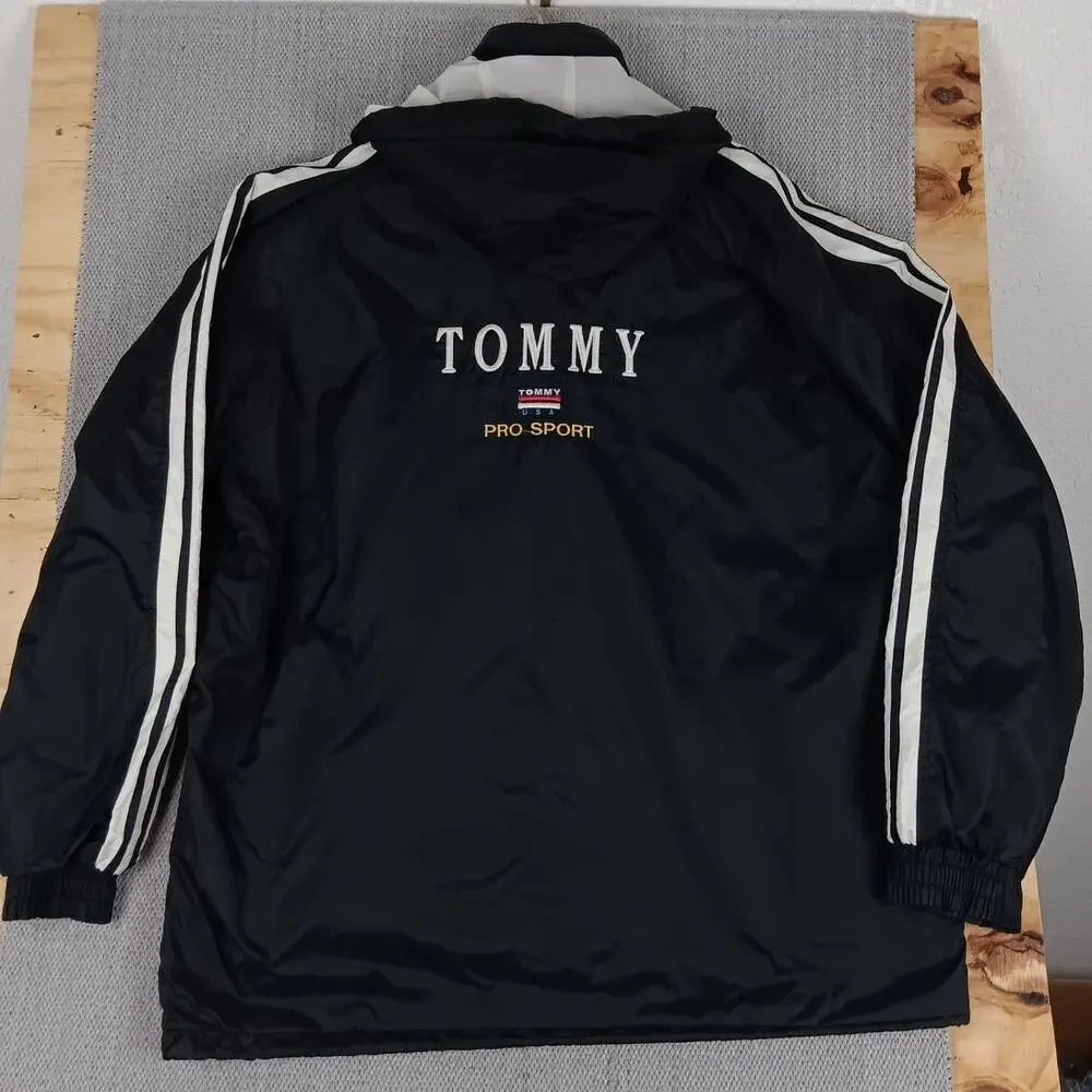 Vintage Tommy Hilfiger Windbreaker Mens XL Black Striped Pro Sport‎ Embroidered
